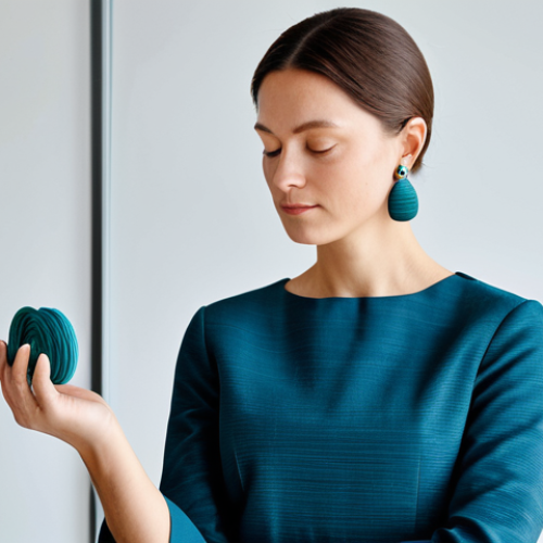 Home 4 A professional woman in a modest, elegant business dress, thoughtfully examining a pair of sleek earrings crafted from recycled ocean plastic. The earrings feature a unique, subtle texture and a refined, modern design. She stands in a bright, minimalist design studio with soft, diffused natural light, emphasizing the accessory's sophisticated aesthetic and eco-conscious origin. fully clothed, appropriate attire, modest clothing, safe for work, appropriate content, professional, perfect anatomy, correct proportions, natural pose, well-formed hands, proper finger count, natural body proportions, high-quality studio photography, sharp focus.