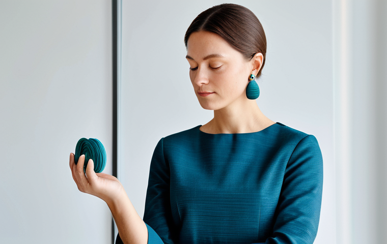 A professional woman in a modest, elegant business dress, thoughtfully examining a pair of sleek earrings crafted from recycled ocean plastic. The earrings feature a unique, subtle texture and a refined, modern design. She stands in a bright, minimalist design studio with soft, diffused natural light, emphasizing the accessory's sophisticated aesthetic and eco-conscious origin. fully clothed, appropriate attire, modest clothing, safe for work, appropriate content, professional, perfect anatomy, correct proportions, natural pose, well-formed hands, proper finger count, natural body proportions, high-quality studio photography, sharp focus.